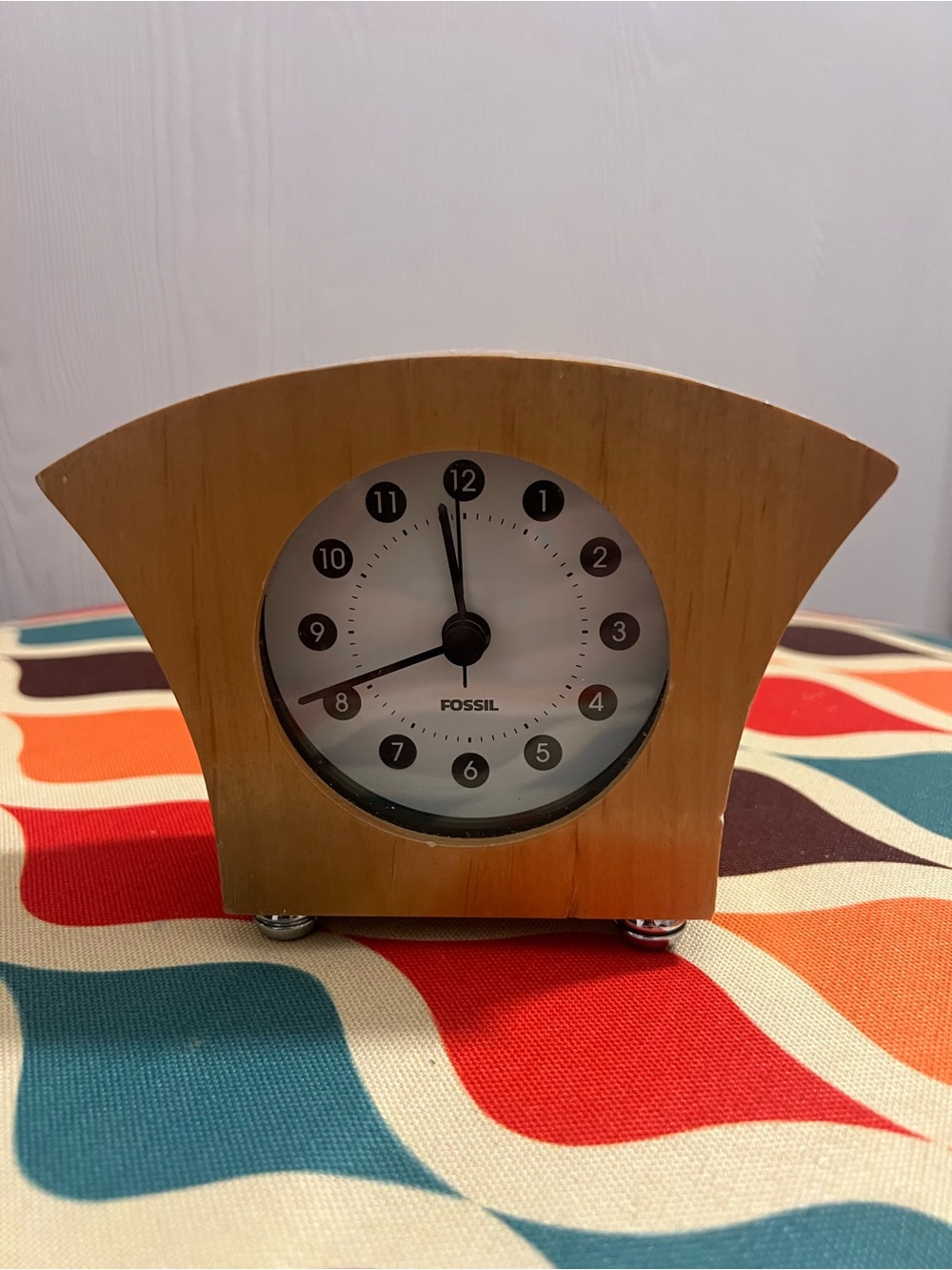 Small Fossil Wooden Mantel Clock in Light Brown with White Dial